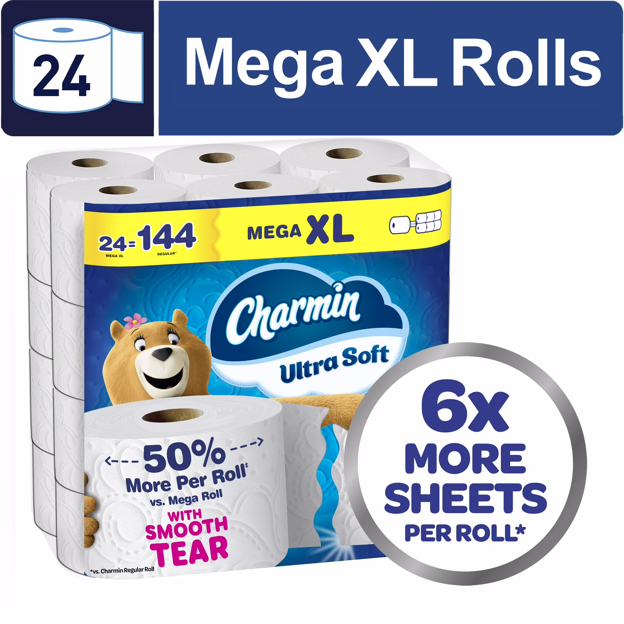 Charmin Toilet Paper Ultra Soft, 24 Mega XL Rolls, 2-Ply Bath Tissue