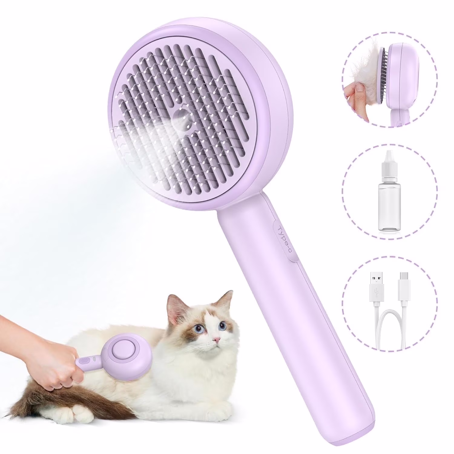 BEBANG Cat Steam Brush, 3 in 1 Pet Steam Brush with Release Button and Water Tank
